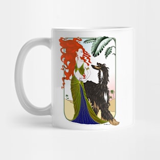 AFGHAN HOUND. Black & Tan Afghan with red headed goddess. Mug